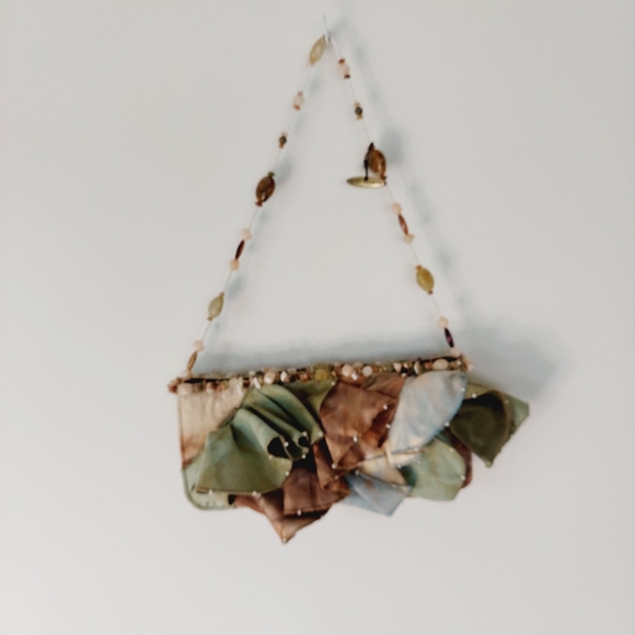 Mary Frances Suede Ruffled Handbag Handcrafted Earth Tones Beaded Strap - Picture 13 of 13